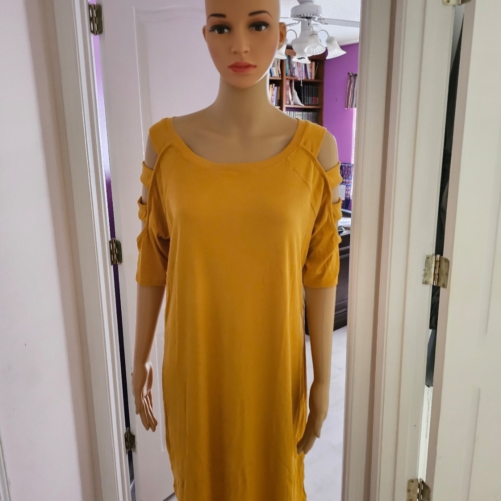 Mustard Cold-Shoulder Mini Dress with Ladder Sleeve Detail